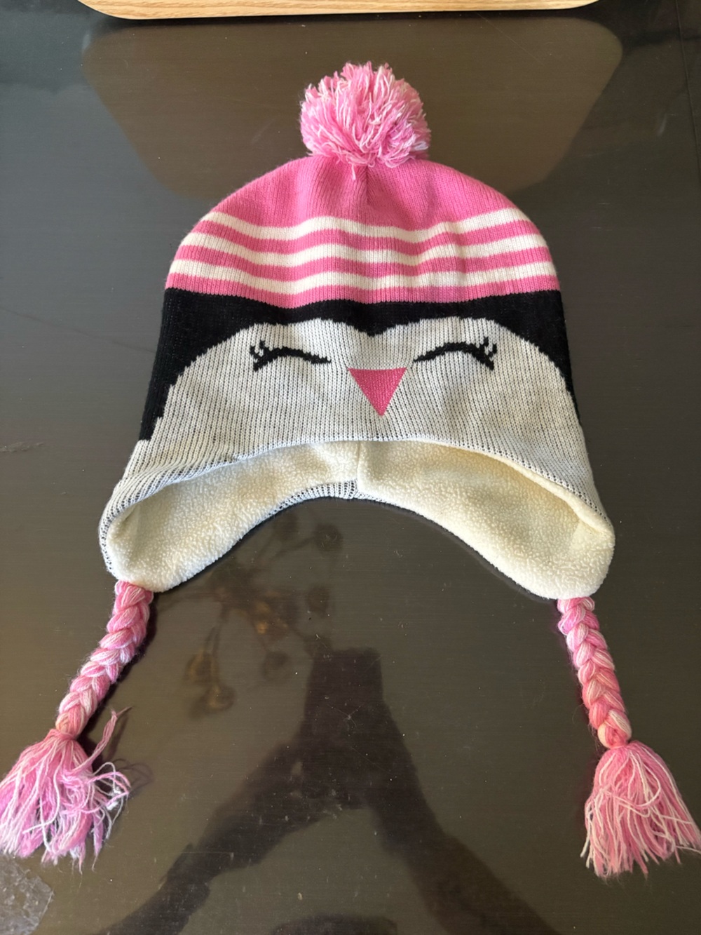 PUGS Kids Pink Penguin Earflap Knit Hat with Tassel Pom